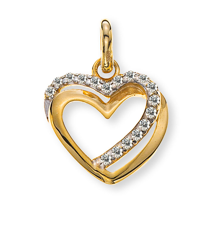 Anhänger Herz poliert halboffen Gelbgold 375 mit Zirkonia weiss 12x12mm