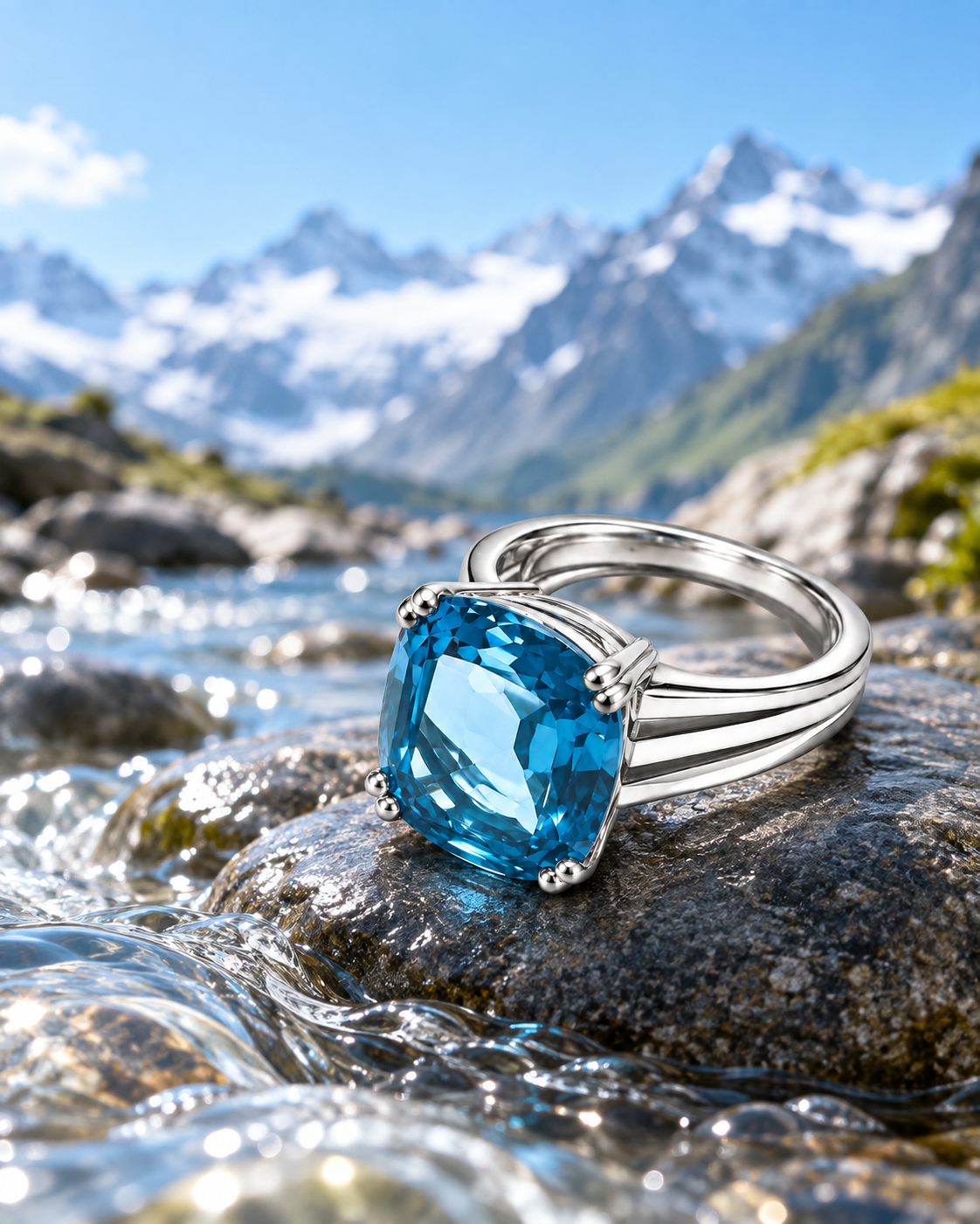 Topas-Ring 18 Karat Weissgold mit Federring