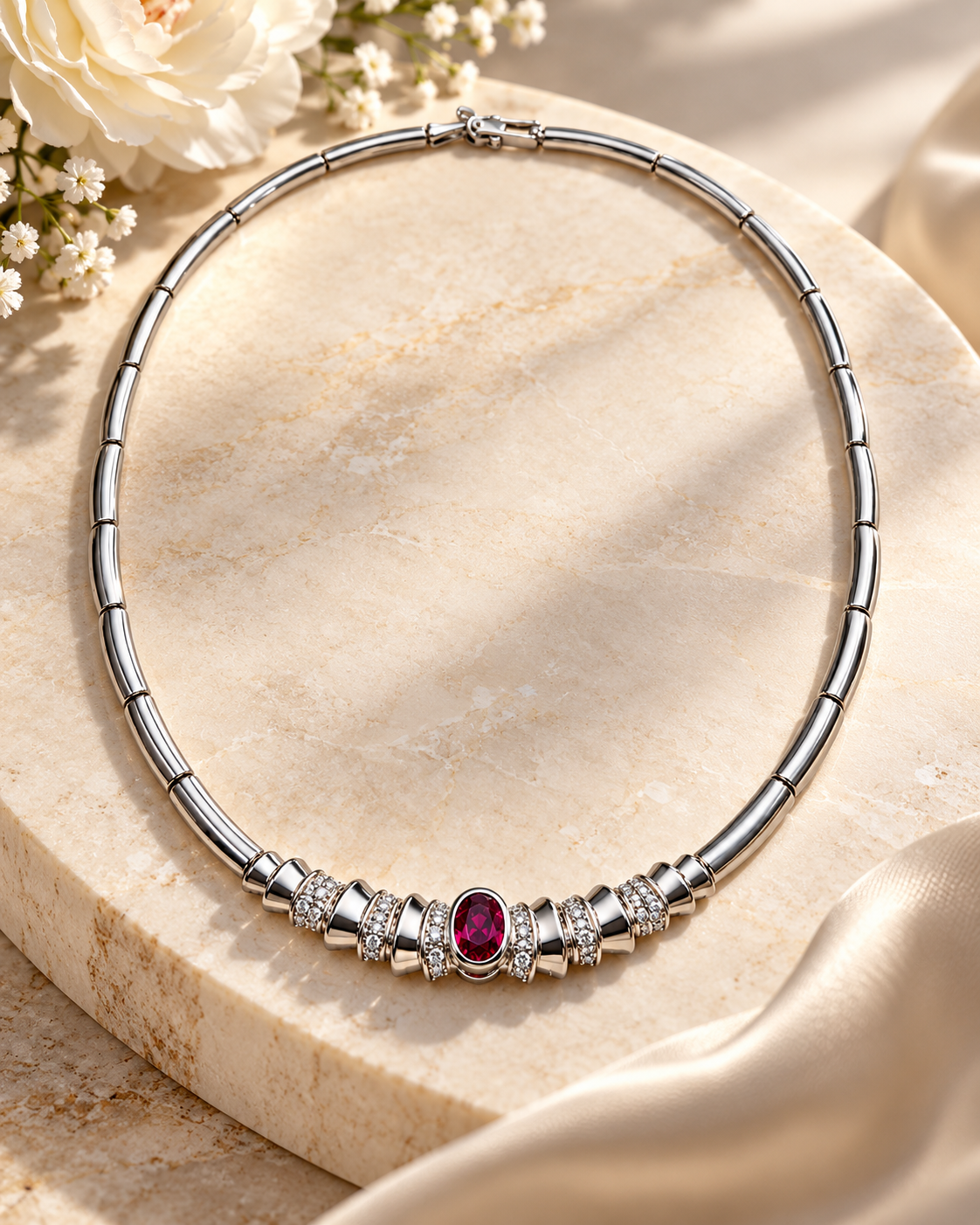 Rubin-Collier 750 Weissgold mit Brillanten – 0.90 ct. Rubin