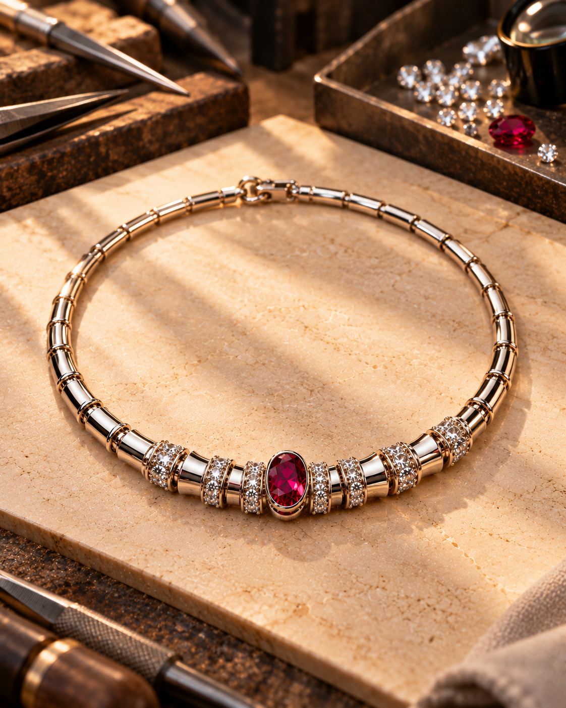 Rubin-Collier 750 Weissgold mit Brillanten – 0.90 ct. Rubin