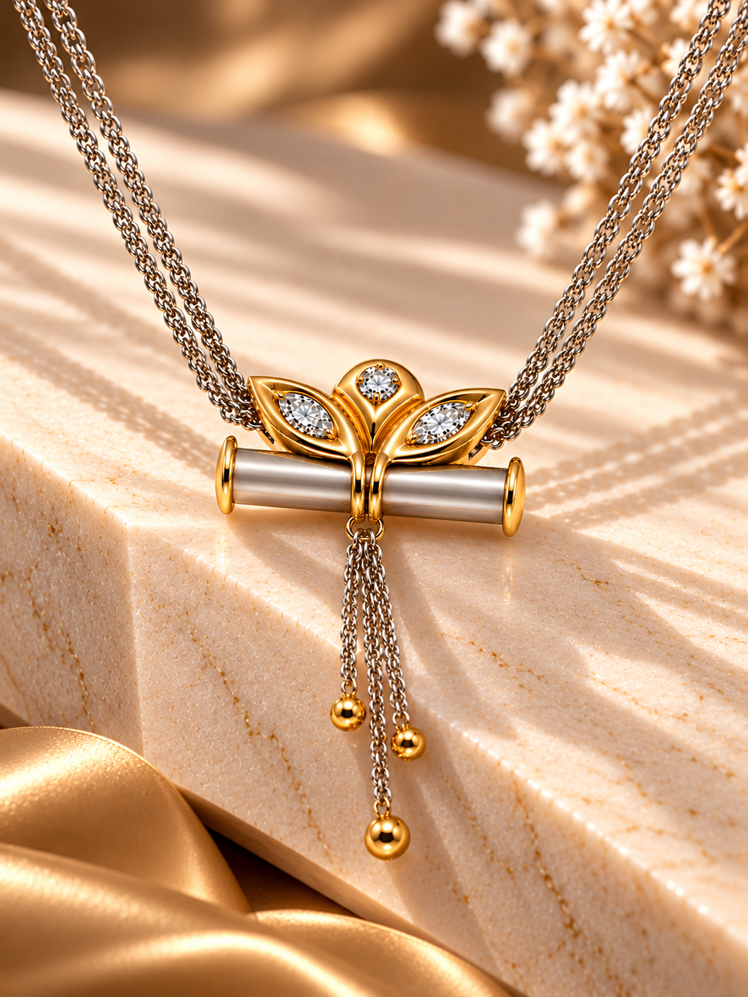 Bicolor-Collier aus 750 Gold mit 3 Brillanten – 18 Karat