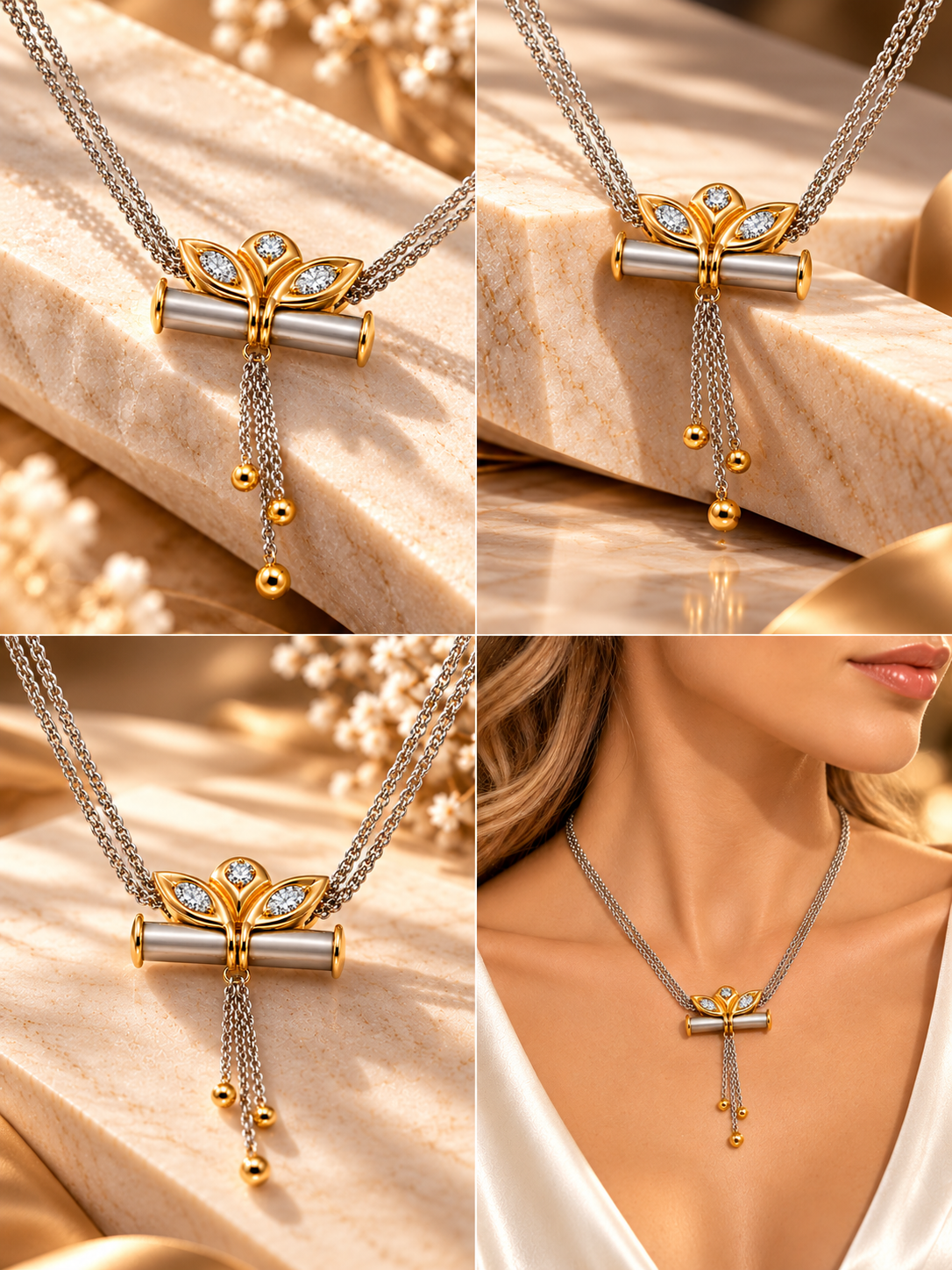 Bicolor-Collier aus 750 Gold mit 3 Brillanten – 18 Karat